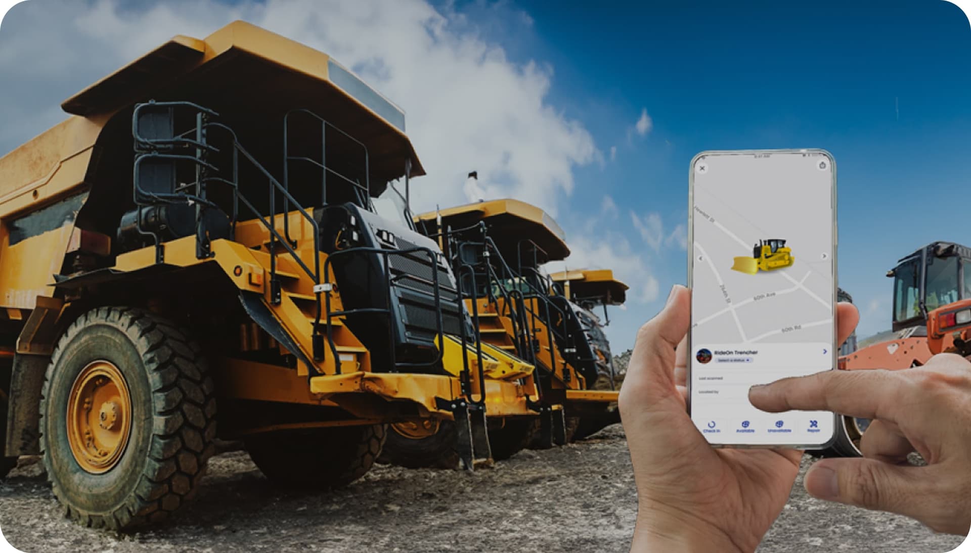 GoBuid interface showing a construction worker in a red hard hat using a tablet, with smartphones displaying the app's equipment management and GPS location features.