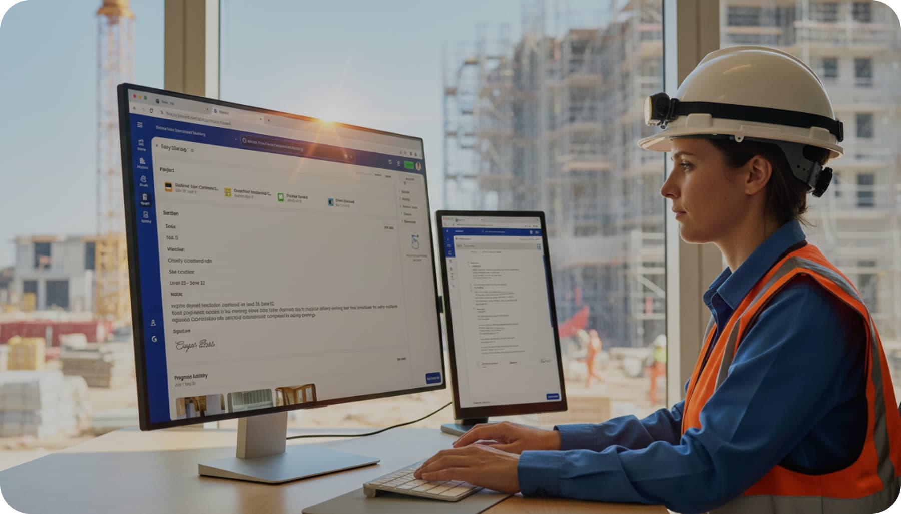 Construction worker using GoBuid software to generate a daily report on-site with one click, using dual monitors in a jobsite office.