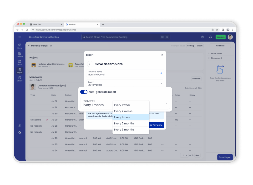 GoBuid Automate Daily Reporting interface