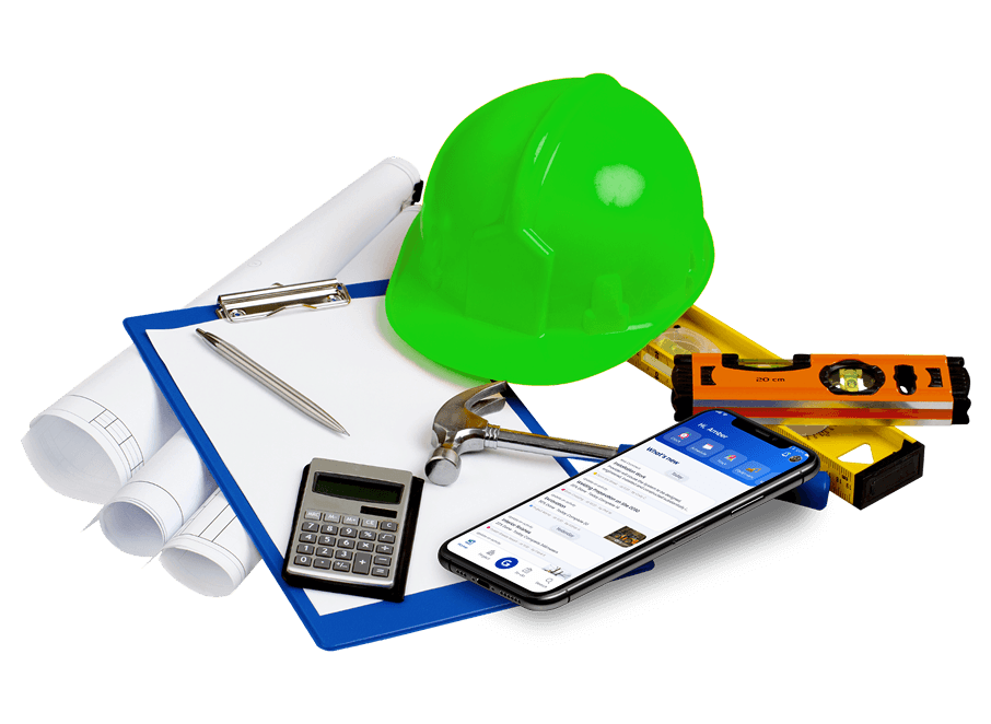 Construction tools including a green hard hat, blueprints, calculator, level, and a smartphone displaying the GoBuid app